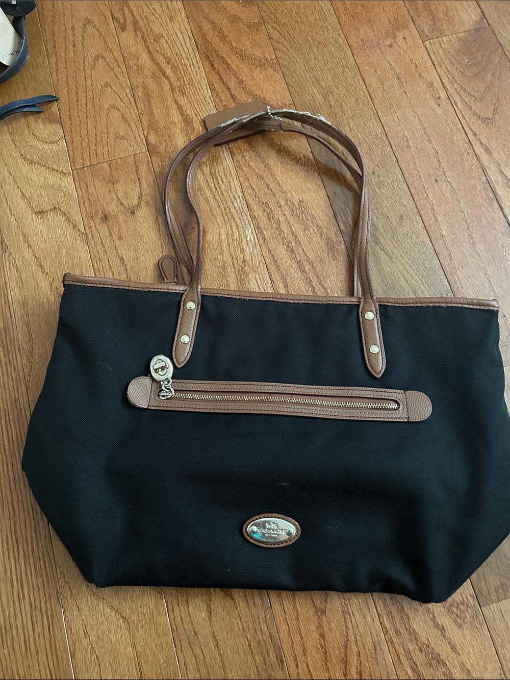 Coach Black Tote with Brown Leather Trim